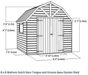 8x8 Waltons Dutch Barn Tongue and Groove Apex Garden Shed Overall View