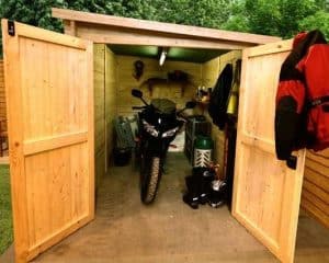 The Billyoh Motorbike Storage Shed 7X9 front with Bike