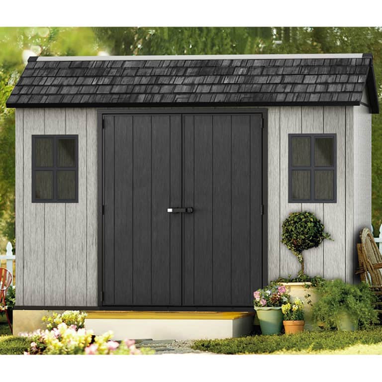 11' x 7' Keter Oakland Plastic Garden Shed with double doors and stylish design for outdoor storage and organization.