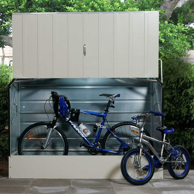 A secure Trimetals Ramped Metal Bike Shed in Cream colour