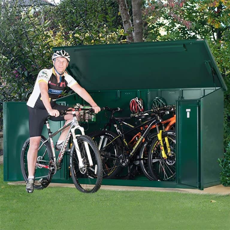 7'5 x 3'4 Asgard Access Plus metal bike shed for storing up to 4 bikes securely outdoors.