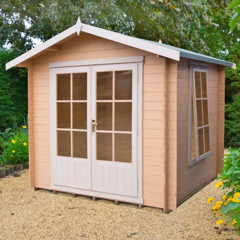 Shire Barnsdale 2.1m x 2.1m wooden log cabin summerhouse with double doors and inviting outdoor space.