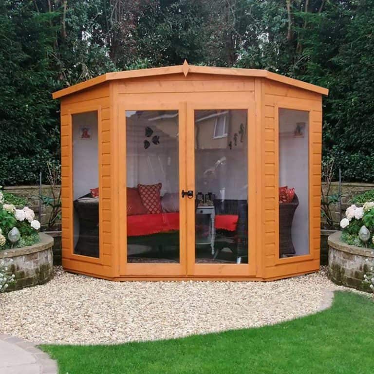 8' x 8' Shire Barclay Corner Wooden Summerhouse with large windows and a charming design for outdoor relaxation.