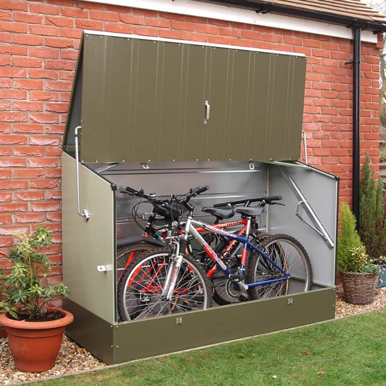 Trimetals Green Metal Bicycle Store showcased in a protective setting.