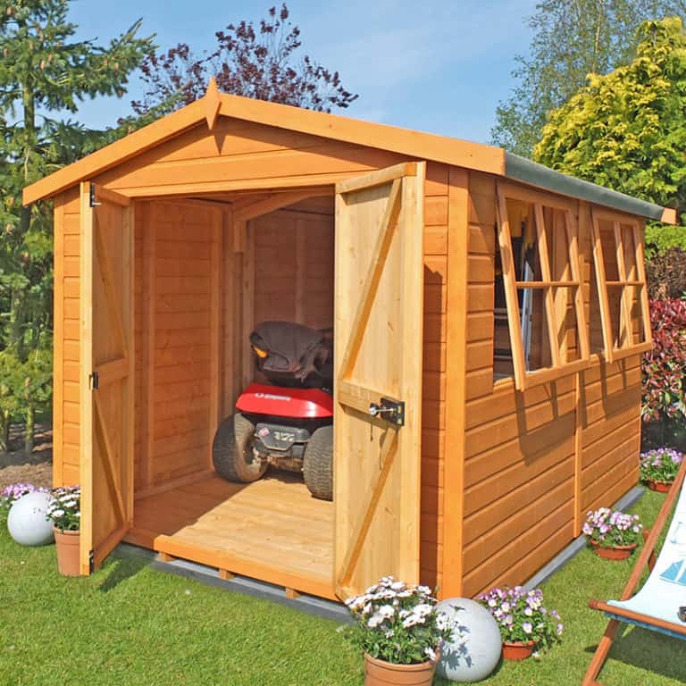 A robust and stylish 10' x 10' Shire Bison Heavy Duty Workshop with double doors and windows.