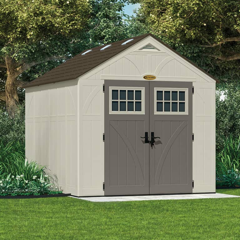 Stylish 8' x 10' Suncast New Tremont Three Apex Roof Plastic Garden Storage Shed with generous space and double doors.