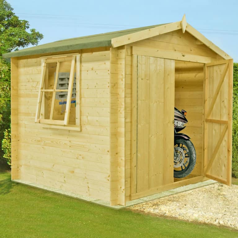 Shire Bradley 2.4m x 2.4m Log Cabin Shed with double doors and a window for light.