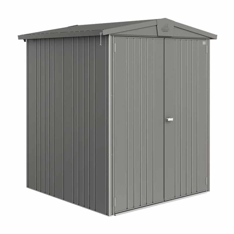 5x5' Biohort Europa 2 quartz grey metal shed for durable outdoor storage solutions.