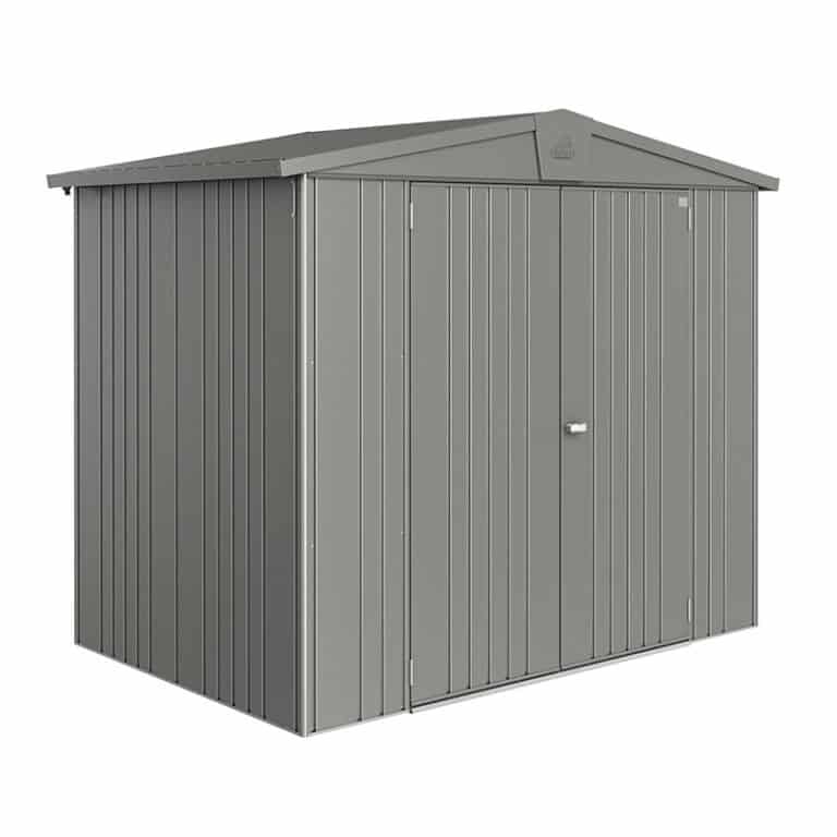 7' x 5' Biohort Europa 3 Quartz Grey metal shed for outdoor storage and organization.