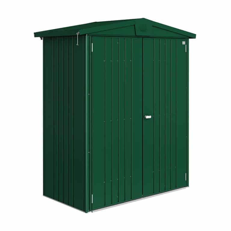 5'x2' Biohort Europa 1 dark green metal shed for outdoor storage and organization.