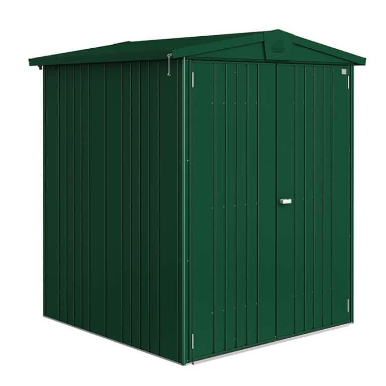 5' x 5' Biohort Europa 2 dark green metal shed for outdoor storage and organization.