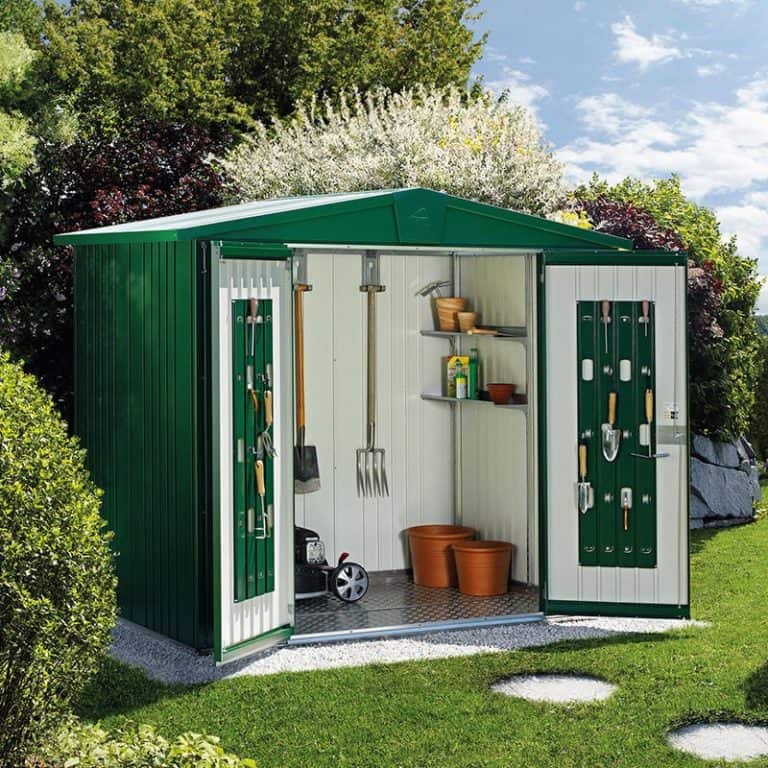 7' x 5' Biohort Europa 3 Dark Green Metal Shed for durable outdoor storage and organization.