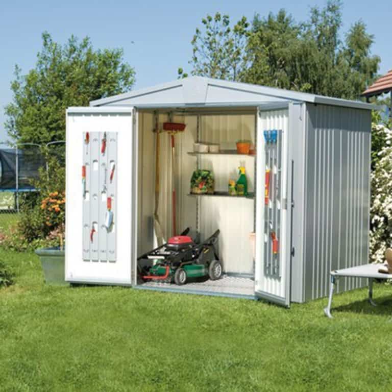 7' x 5' Biohort Europa 3 Silver Metal Shed for durable outdoor storage and organization.