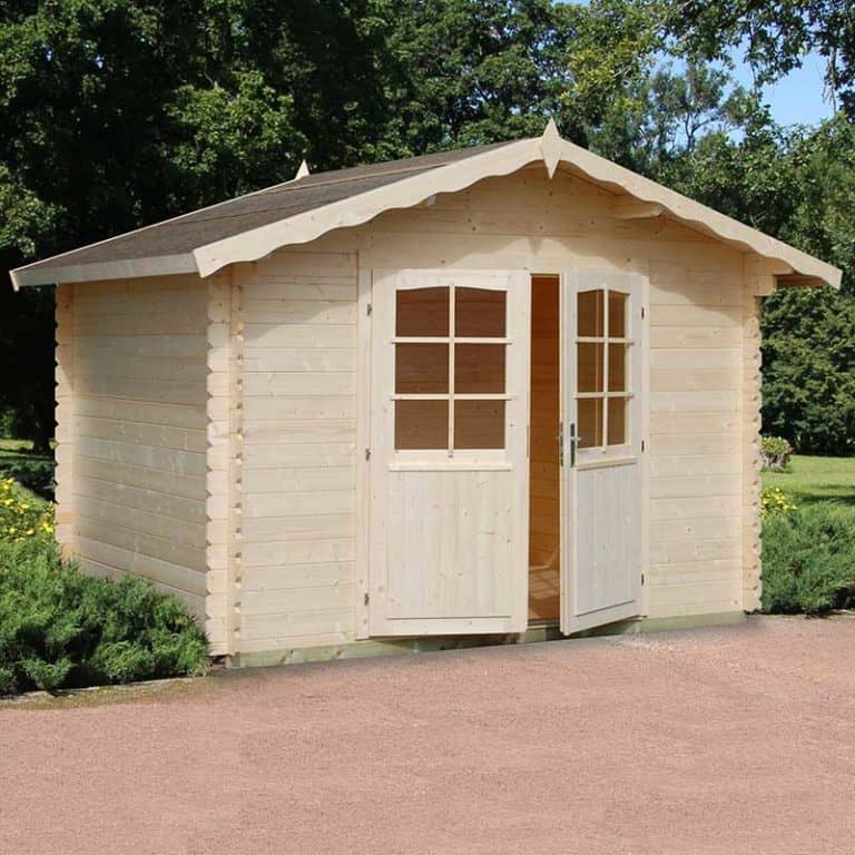 Palmako Vivian 3.3m x 2.7m log cabin summerhouse with wooden structure and large windows for outdoor relaxation.