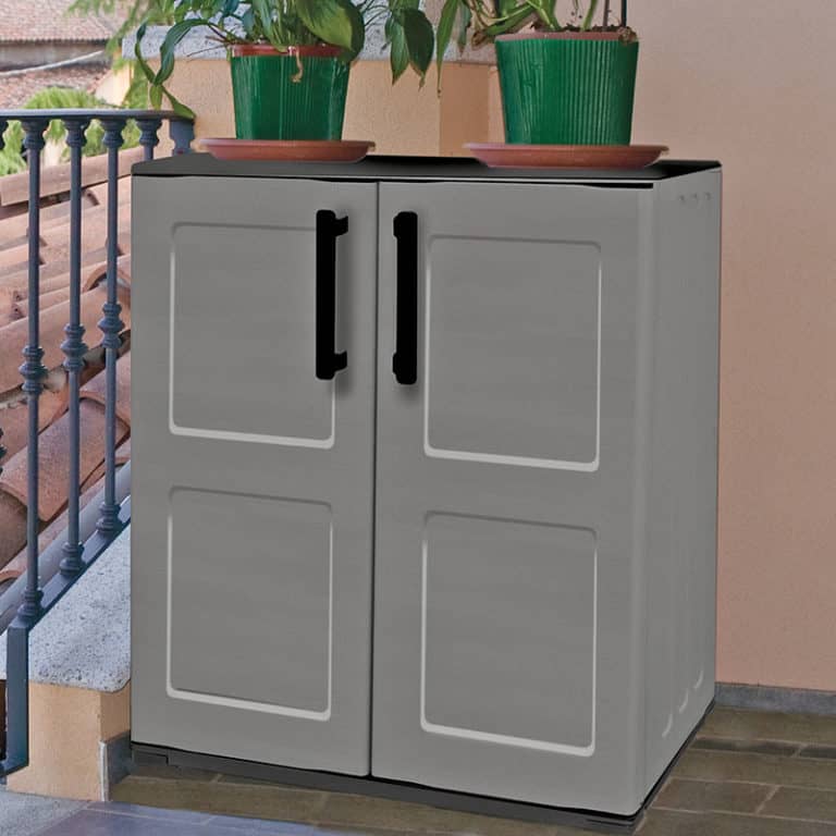 Shire Mid Plastic Garden Storage Cupboard 2'2 x 1'2 with shelves for organized outdoor storage solutions.