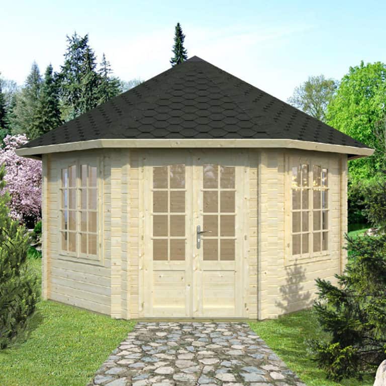 Palmako Hanna 4.2m x 4.2m corner log cabin summerhouse for outdoor relaxation and entertaining.