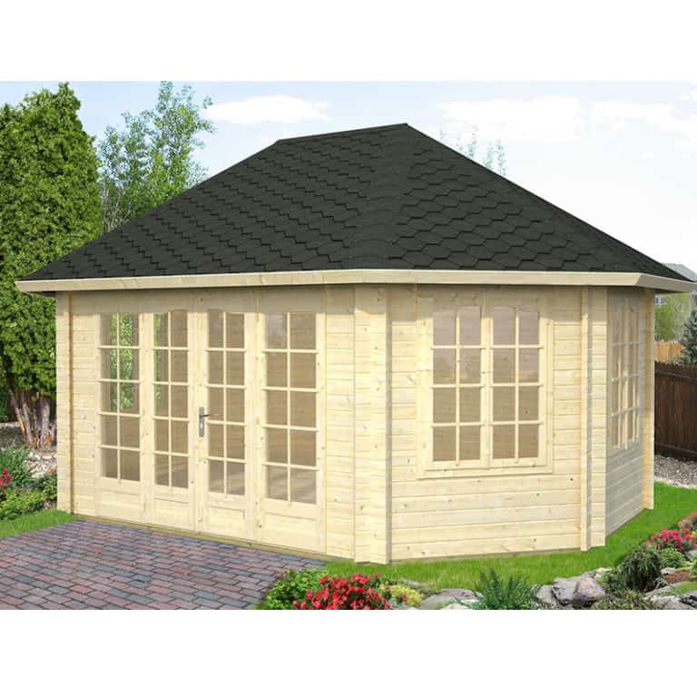 Palmako Hanna 4.2m x 5.7m corner log cabin summerhouse for outdoor relaxation and entertaining.