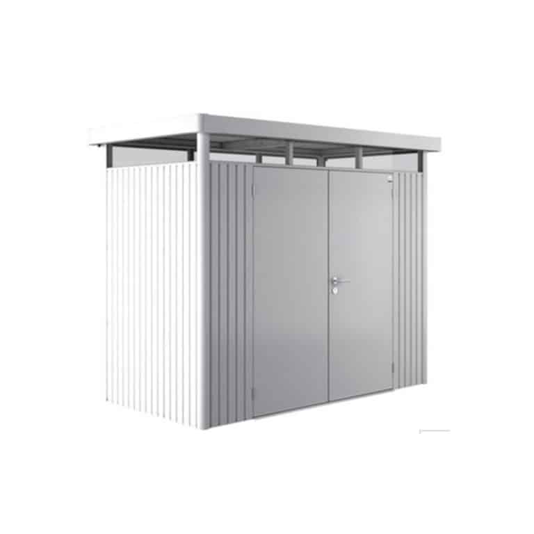 8'x4' Biohort HighLine H1 silver metal double door shed for outdoor storage solutions.