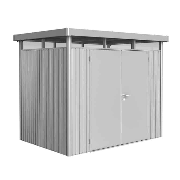 8'x5' Biohort HighLine H2 Silver Metal Double Door Shed for outdoor storage and organization.