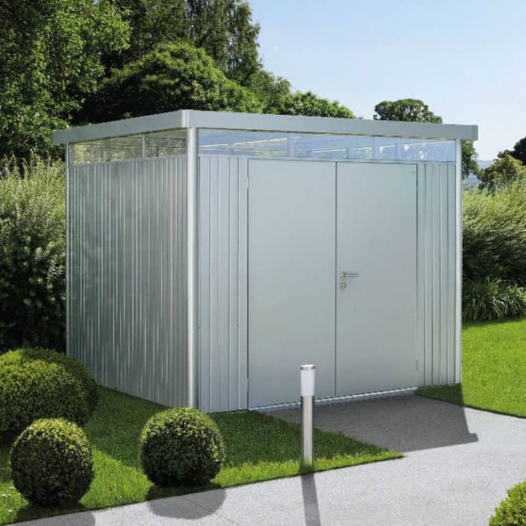 8'x8' Biohort HighLine H4 silver metal double door shed for outdoor storage and organization.