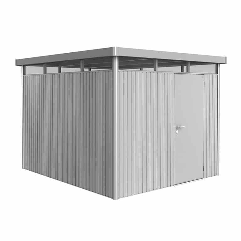 8' x 9' Biohort HighLine H5 silver metal shed with window skylight for outdoor storage and organization.