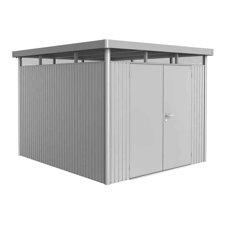 8' x 9' Biohort HighLine H5 silver metal double door shed for outdoor storage and organization.