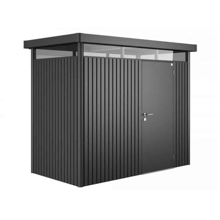 8' x 4' Biohort HighLine H1 dark grey metal shed with window skylight for outdoor storage.