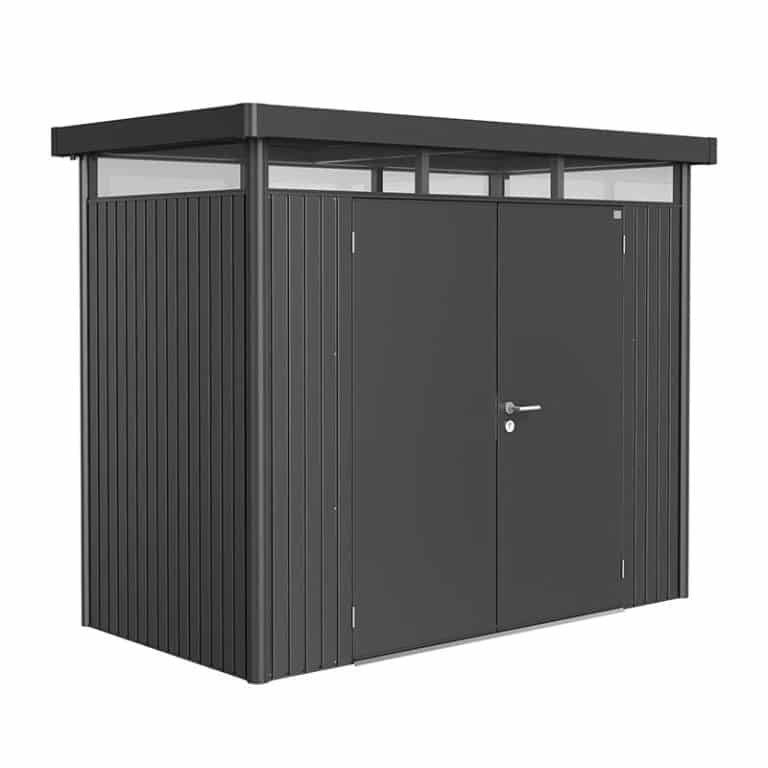 8' x 4' Biohort HighLine H1 dark grey metal double door shed for outdoor storage solutions.