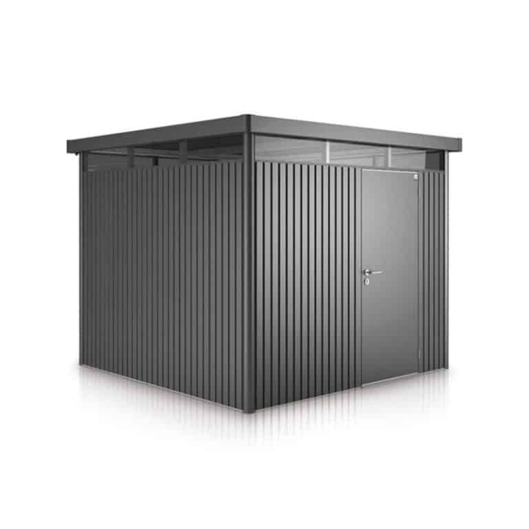 8'x7' Biohort HighLine H3 dark grey metal shed with window skylight for outdoor storage solutions.