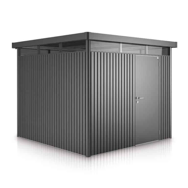 8x8 Biohort HighLine H4 dark grey metal shed with window skylight for outdoor storage.