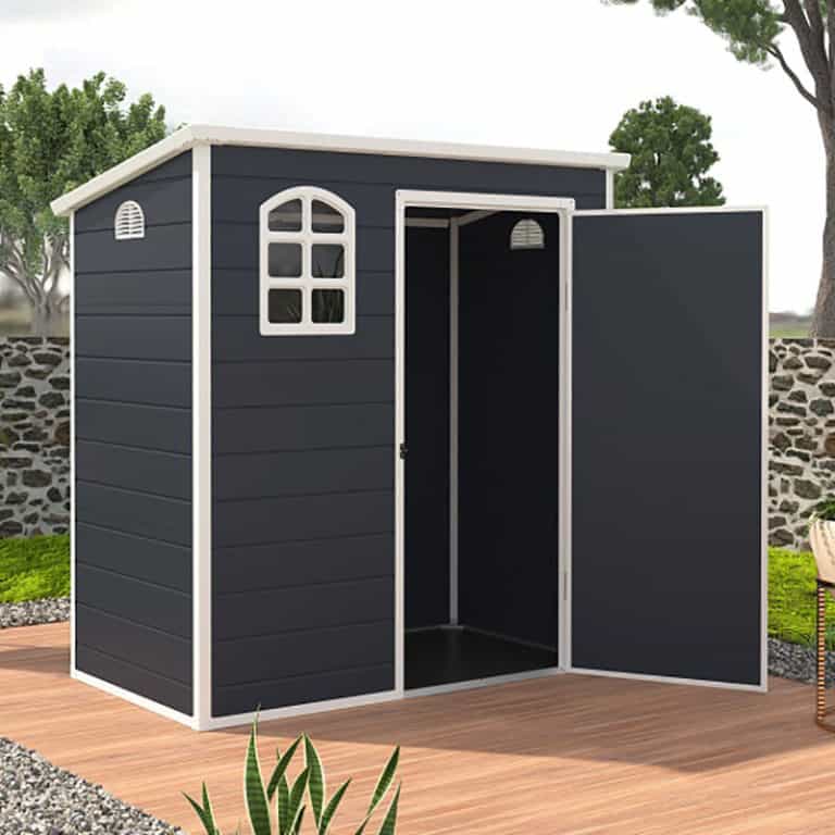 6' x 3' Jasmine Pent Plastic Shed with Foundation Kit for outdoor storage and organization.