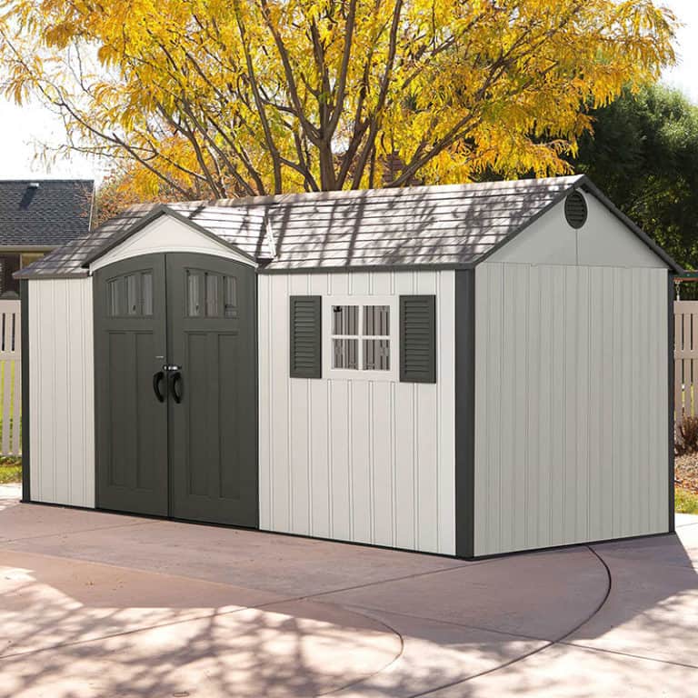 12.5'x8' Lifetime New Edition single entrance plastic shed with durable design for outdoor storage solutions.