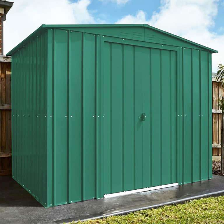 8'x6' Lotus Heritage Green Apex Metal Shed with durable design for garden storage and outdoor organization.