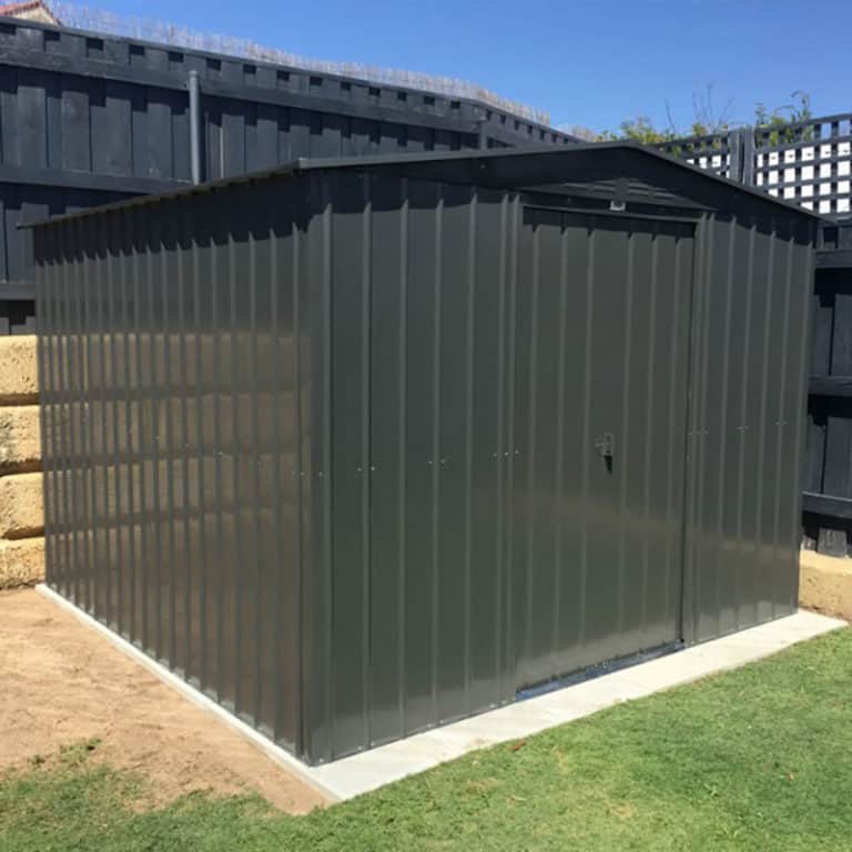 10' x 10' Lotus Anthracite Grey Apex Metal Shed with durable design for outdoor storage solutions.