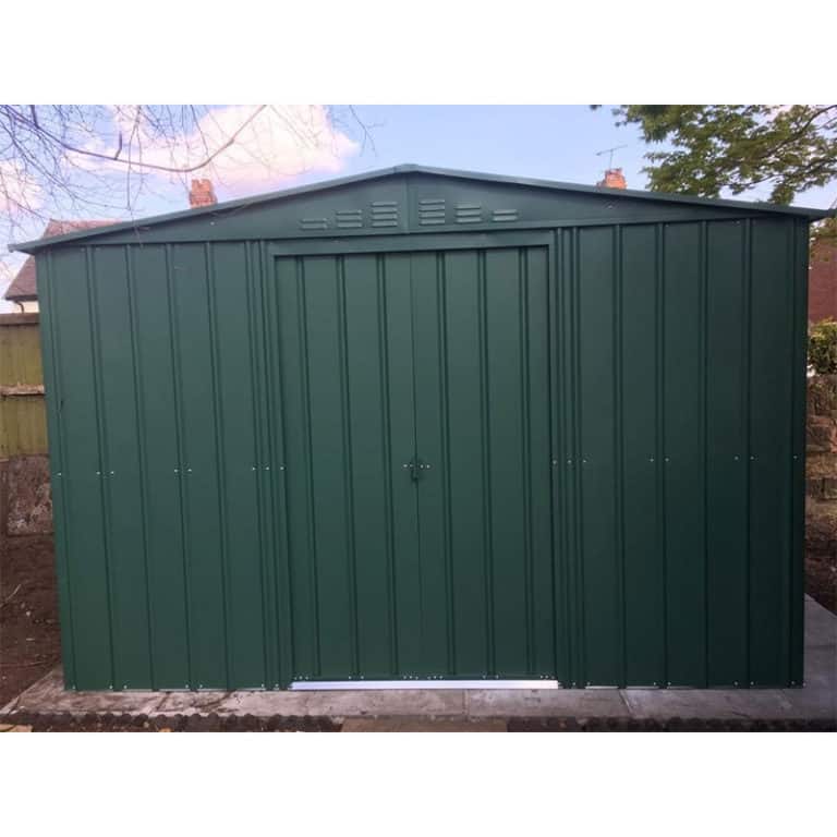 10' x 12' Lotus Heritage Green Apex Metal Shed for durable outdoor storage and garden organization.