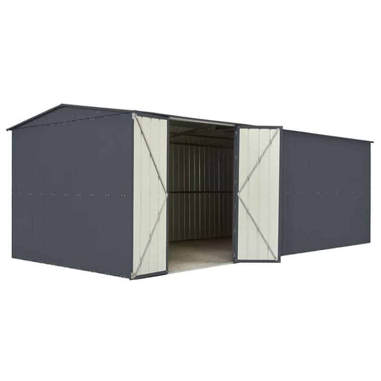 10' x 15' Lotus Anthracite Grey double door metal workshop for versatile storage and workspace solutions.