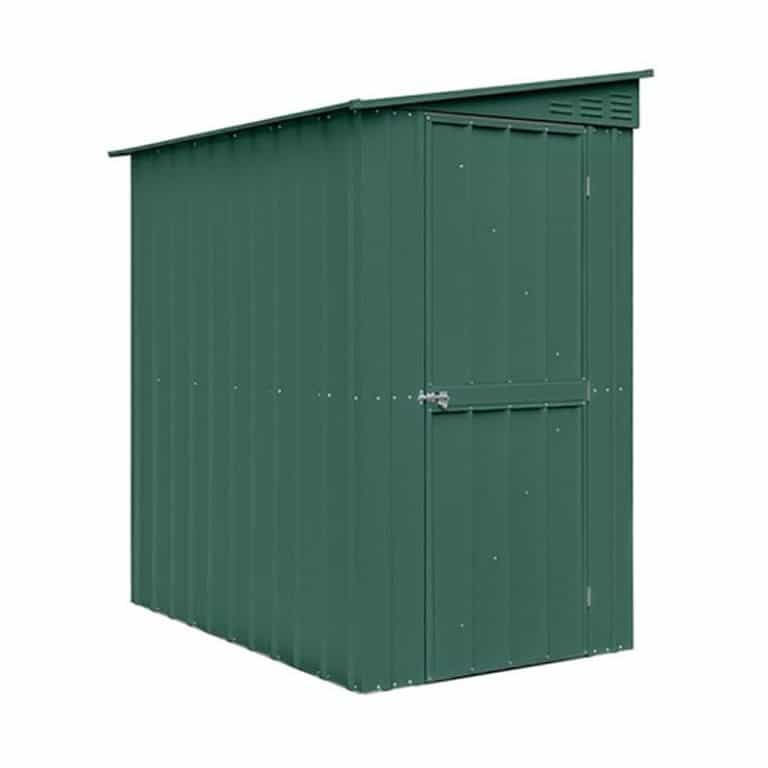 4' x 6' Lotus Heritage Green Lean-To Metal Shed for outdoor storage and organization.