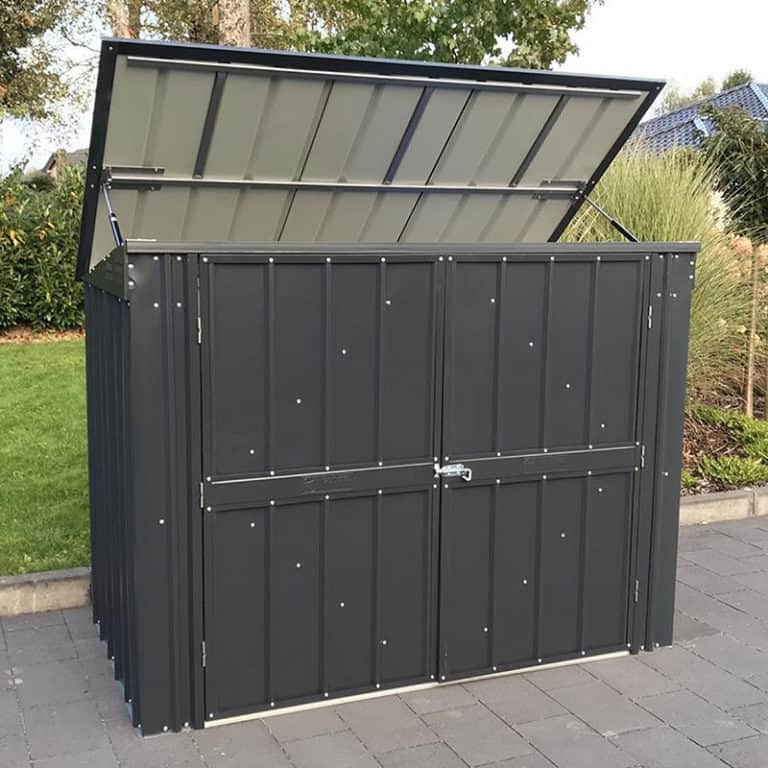 Lotus 6' x 3' metal double bin store for outdoor waste and recycling