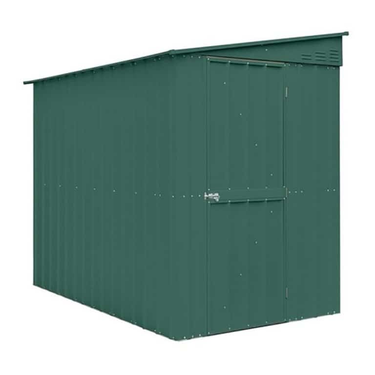 5' x 8' Lotus Heritage Green Lean-To Metal Shed for outdoor storage and organization.