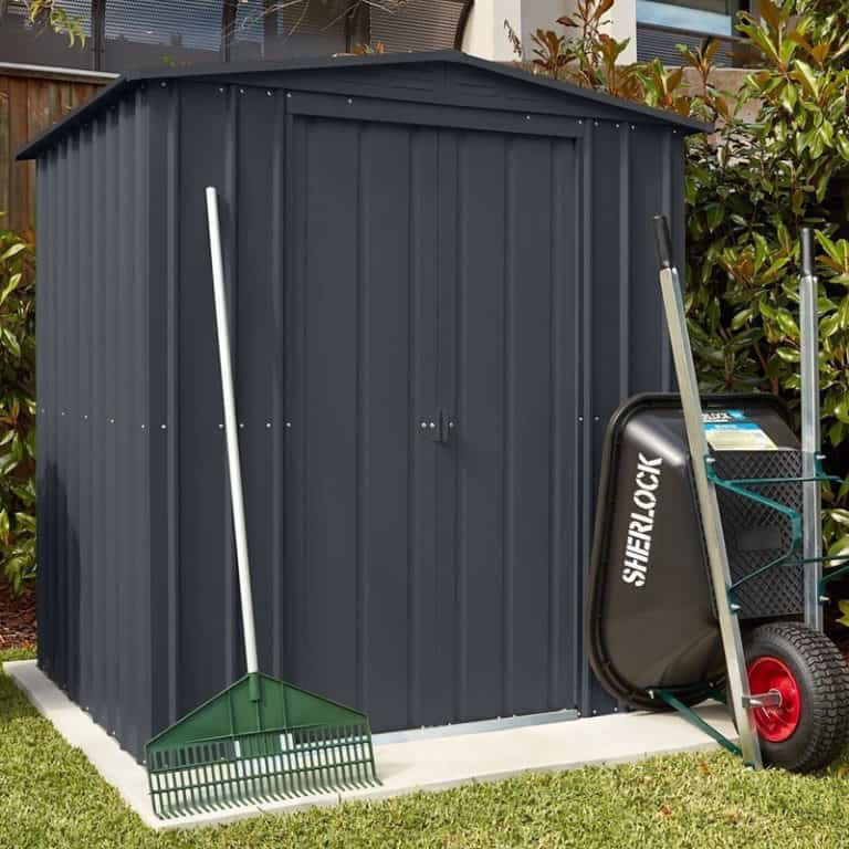 6' x 3' Lotus Anthracite Grey Metal Shed with double doors for outdoor storage and organization.