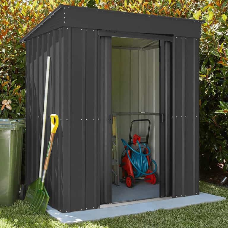 6'x4' Lotus Anthracite Grey Pent Metal Shed with durable design for outdoor storage solutions.