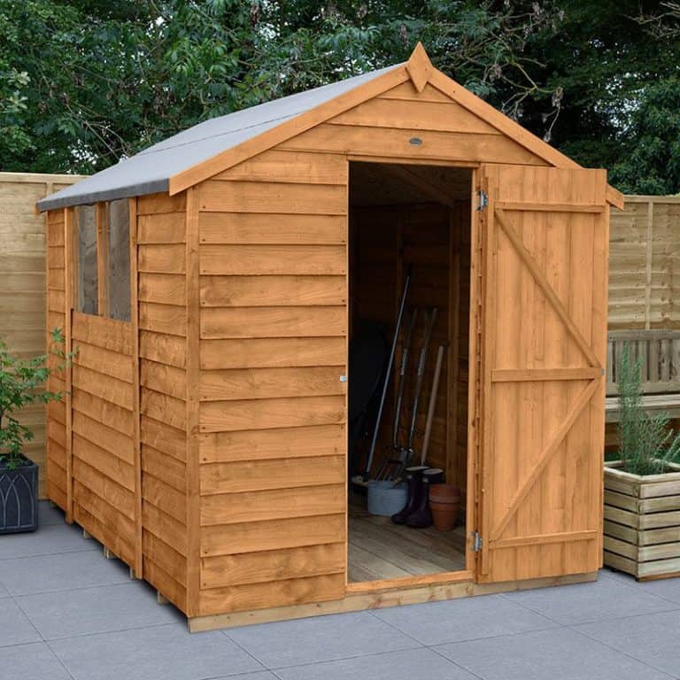 8' x 6' Forest Overlap Dip Treated Apex Wooden Shed with sturdy construction and a classic design for outdoor storage.