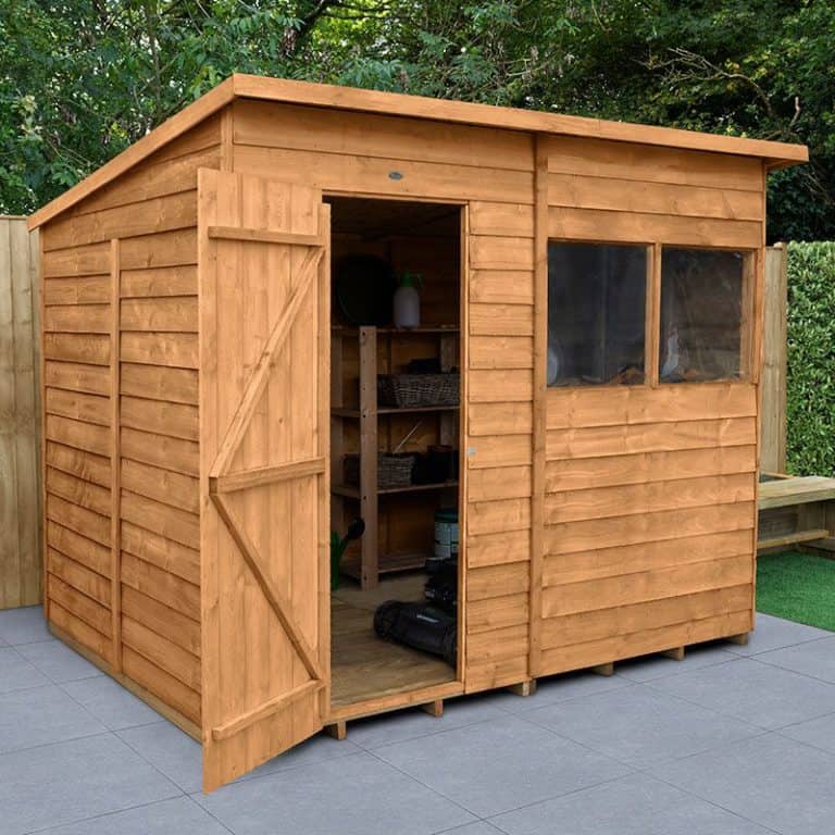 8'x6' Forest Overlap Dip Treated Pent Wooden Shed for garden storage and outdoor organization.