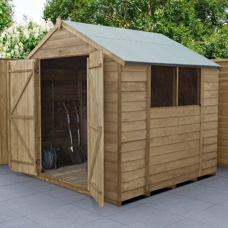 7' x 7' Forest Overlap Pressure Treated Double Door Apex Wooden Shed with sturdy design for outdoor storage.