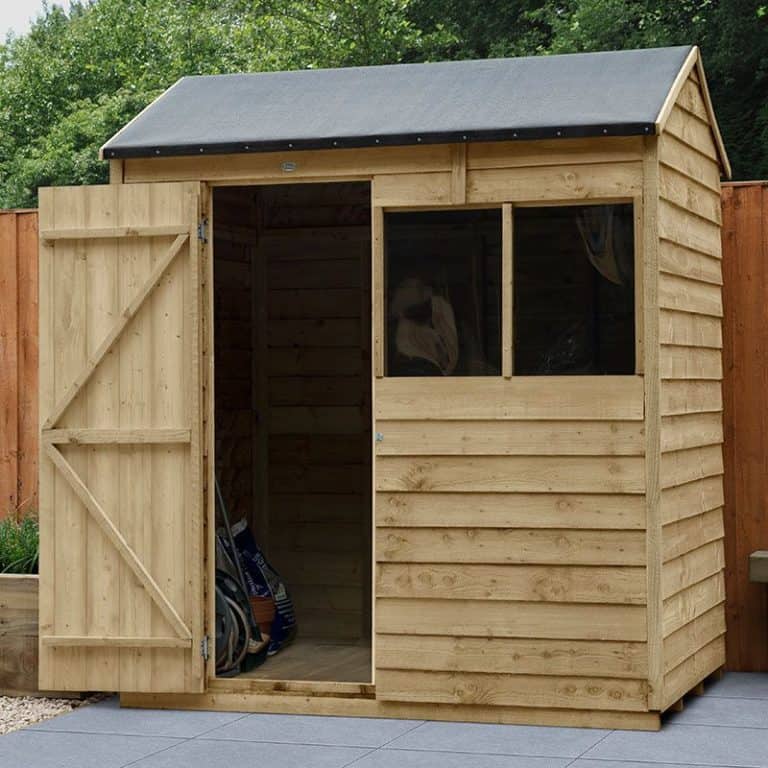 6x4 Forest Overlap Pressure Treated Reverse Apex Wooden Shed for outdoor storage solution.