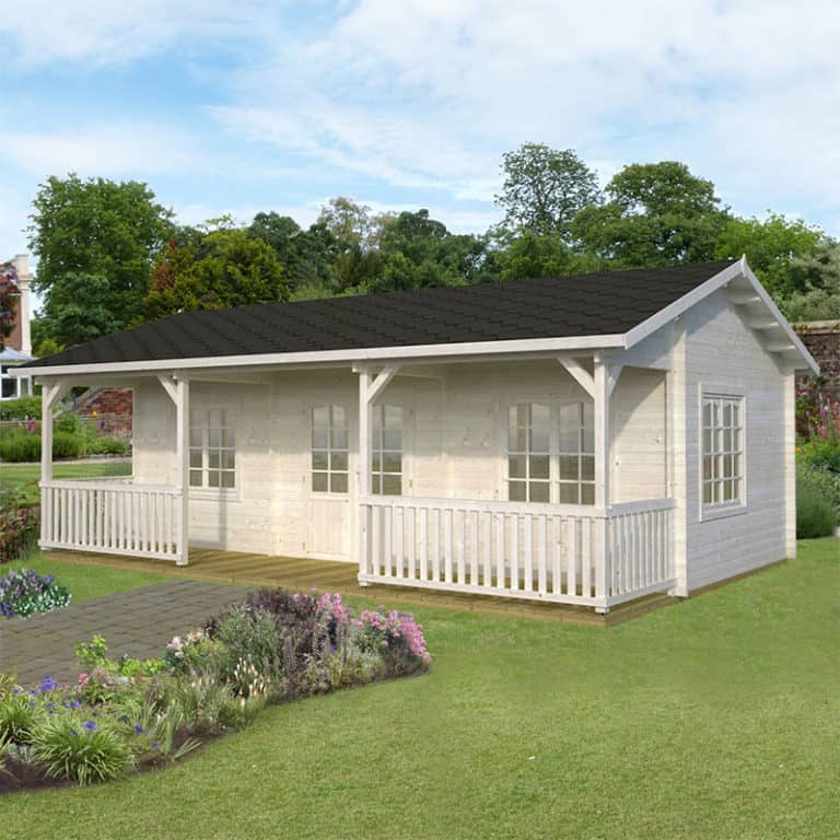 Palmako Sandra 7.5m x 4.8m log cabin summerhouse with wooden structure and stylish design for outdoor relaxation.