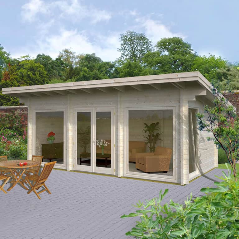 Palmako Heidi 6m x 3.3m log cabin garden building with large windows and stylish design for outdoor living.