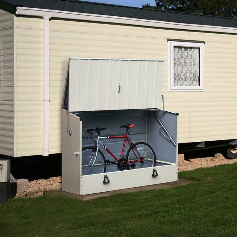 Secure 6x3 Trimetals cream garden storage unit for bikes and outdoor equipment