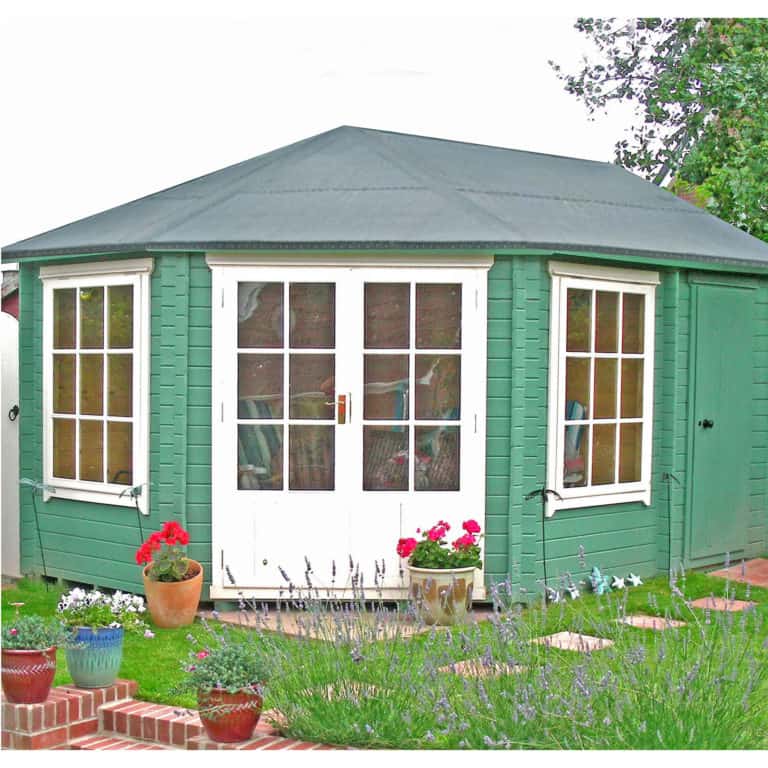 Shire Villandry 4.3m x 3m corner log cabin summerhouse with wooden structure and spacious design for outdoor relaxation.