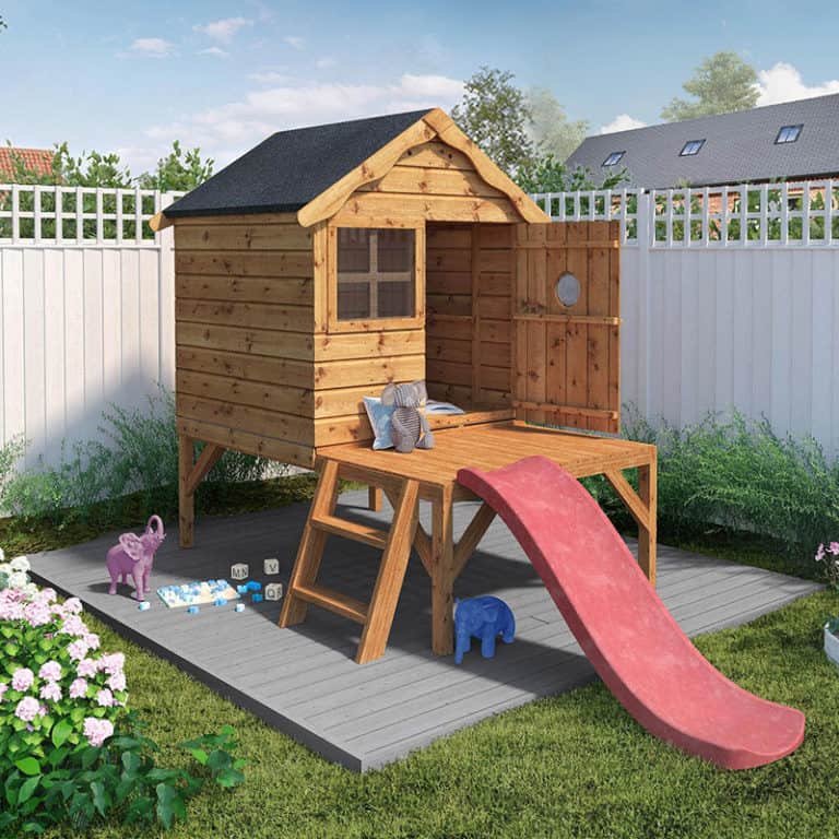 Alt text: 4x4 Mercia Snug Tower wooden playhouse for kids with slide